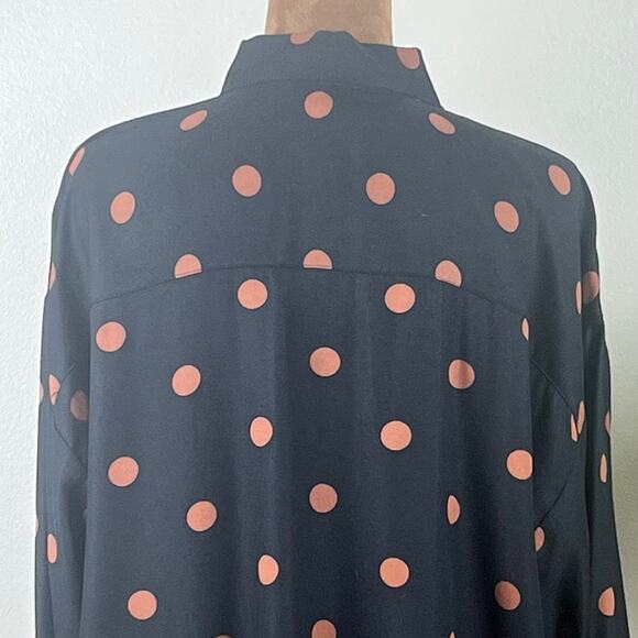 Loft Black with Tan Polka Dots Long Sleeve Collared Blouse Oversized Small - Picture 6 of 10